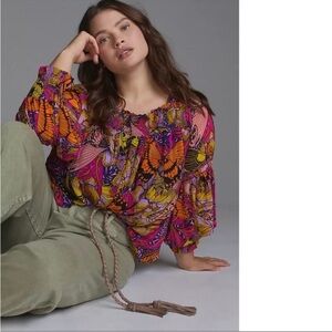 Anthropologie Alexandra Farmer Butterfly Floral Smocked Blouse Pink XS Boho Top